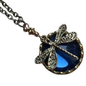 Sapphire Blue Dragonfly Necklace Glass Crystal Vintage Aura Pendant Unisex Men’s